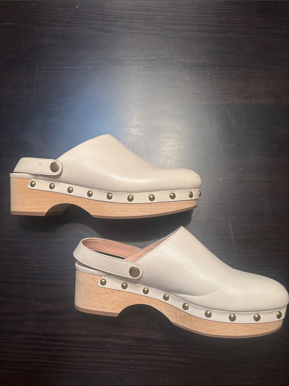 J Crew Women’s Leather Clog Mules in Cream with Studded Wood Heel